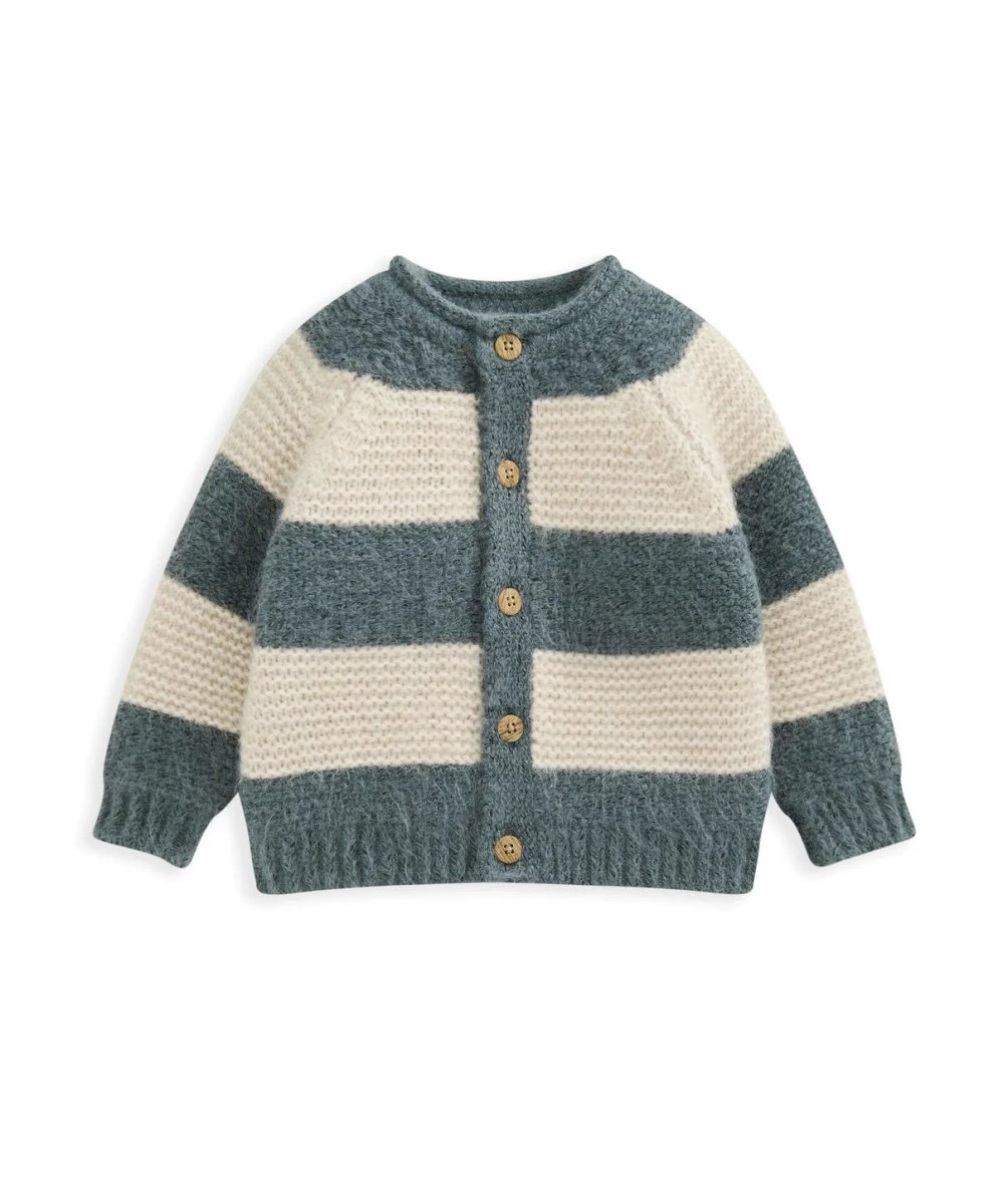 Striped knit cardigan with button front and crew neck, teal and cream horizontal bands