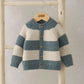 Striped knit cardigan with button front, crew neck, teal and cream horizontal bands