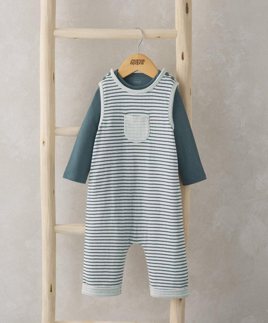 Striped baby dungarees romper with navy sleeves and front pocket, snap bodysuit