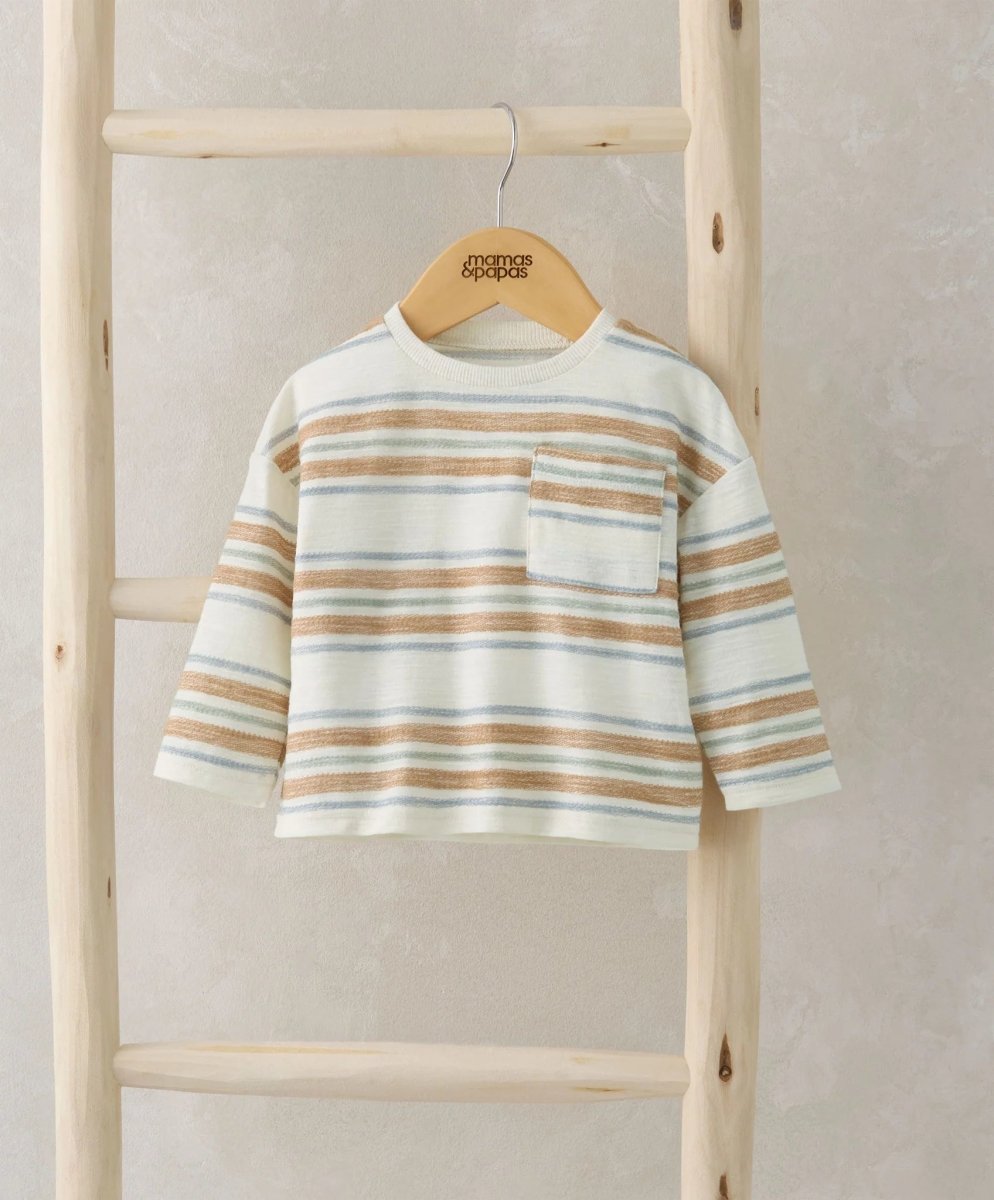 Striped long-sleeve T-shirt with crew neck, light base and blue tan horizontal stripes