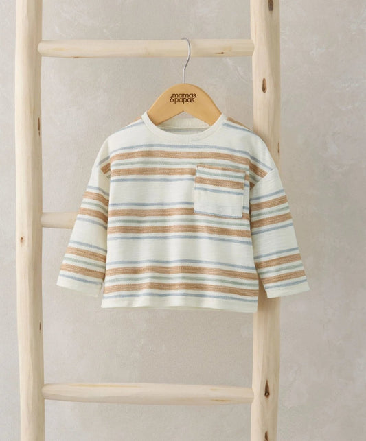Striped long-sleeve T-shirt with crew neck, light base and blue tan horizontal stripes