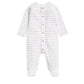 Striped baby sleepsuit in white with light horizontal lines, button front, footed legs