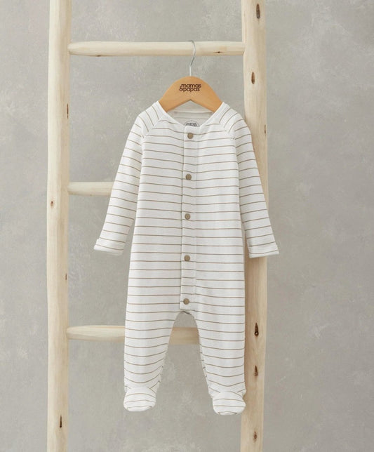 Striped long-sleeve baby sleepsuit with button placket and footed cuffs, front view