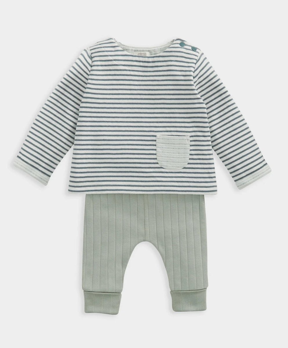 Striped top and leggings set: long-sleeve pocket top with mint ribbed pants