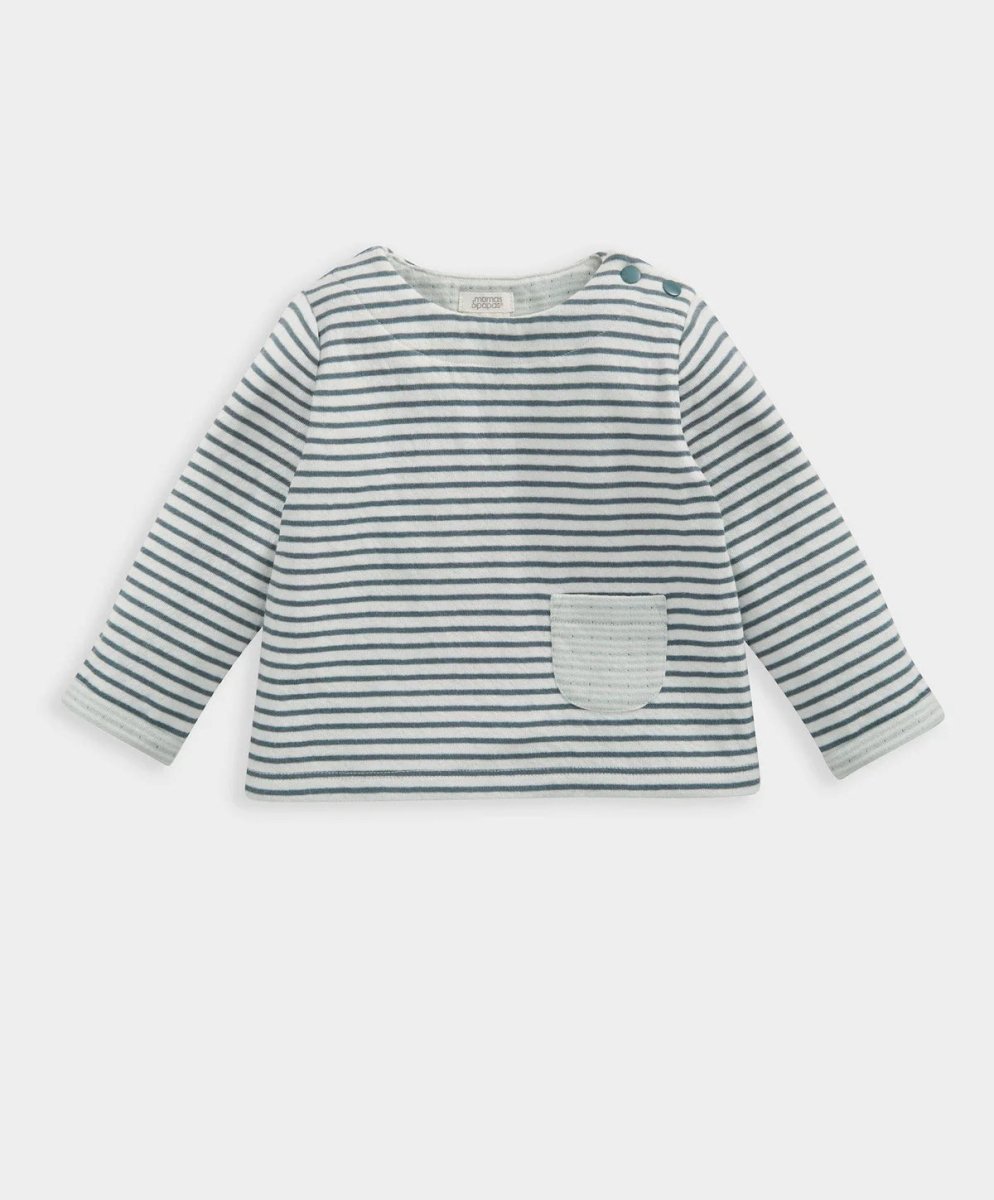 Striped long-sleeve pocket top with rounded neckline