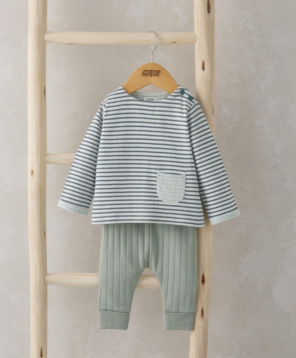 Striped long-sleeve pocket top with mint ribbed leggings