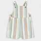 Striped woven dungaree shorts romper with multicolor vertical stripes and metal snaps