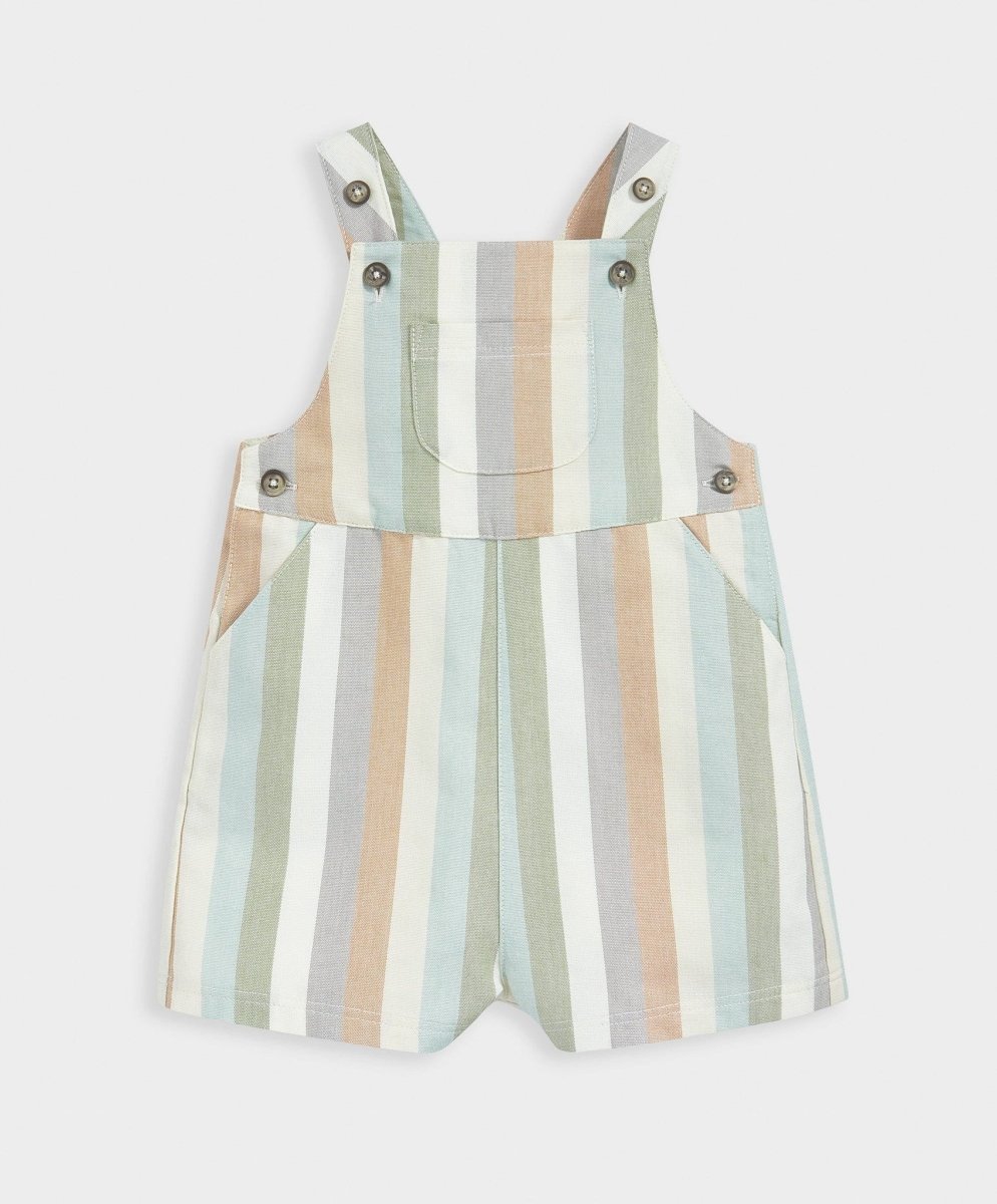Striped woven dungaree shorts romper with multicolor vertical stripes and metal snaps