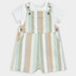 Striped woven dungaree outfit set with white T-shirt and pastel striped short overalls