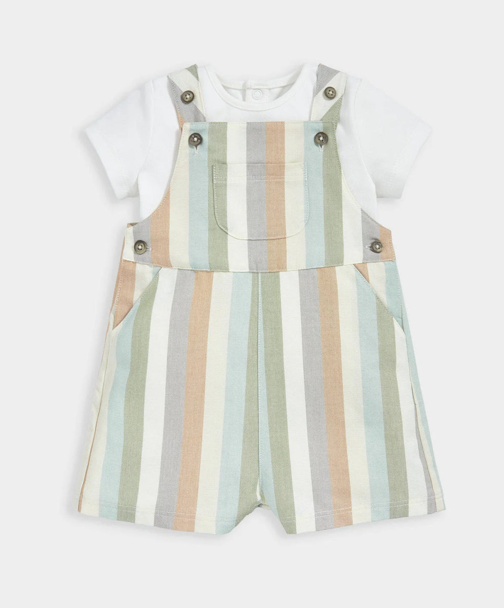 Striped woven dungaree outfit set with white T-shirt and pastel striped short overalls