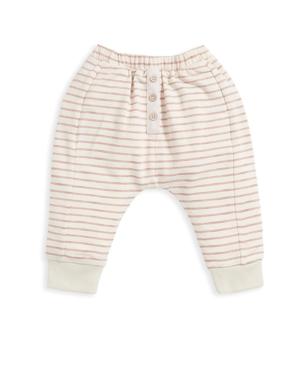 Cream striped joggers with pink lines, henley-style button placket and cuffed hems