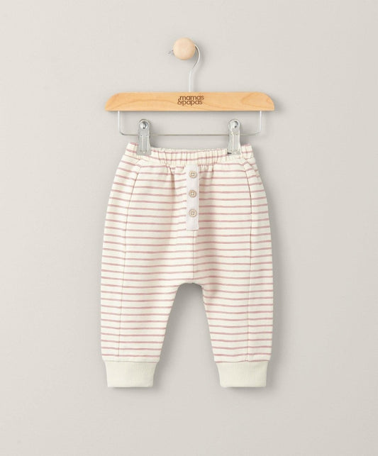 Cream striped joggers with pink lines, button front and elastic waistband cuffs