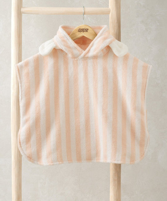 Striped sleeveless hood poncho, light fabric with vertical stripes and hood