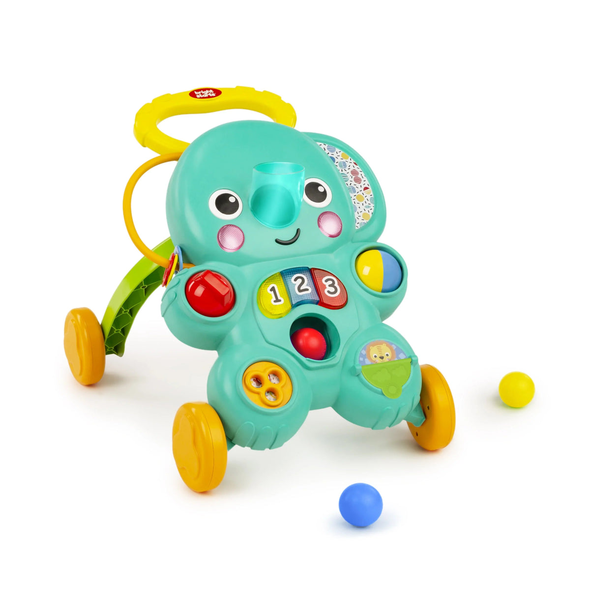 Turquoise elephant-shaped 2-in-1 ball play walker with colorful activity buttons