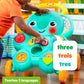 Child pushing turquoise elephant walker with number controls, red push button