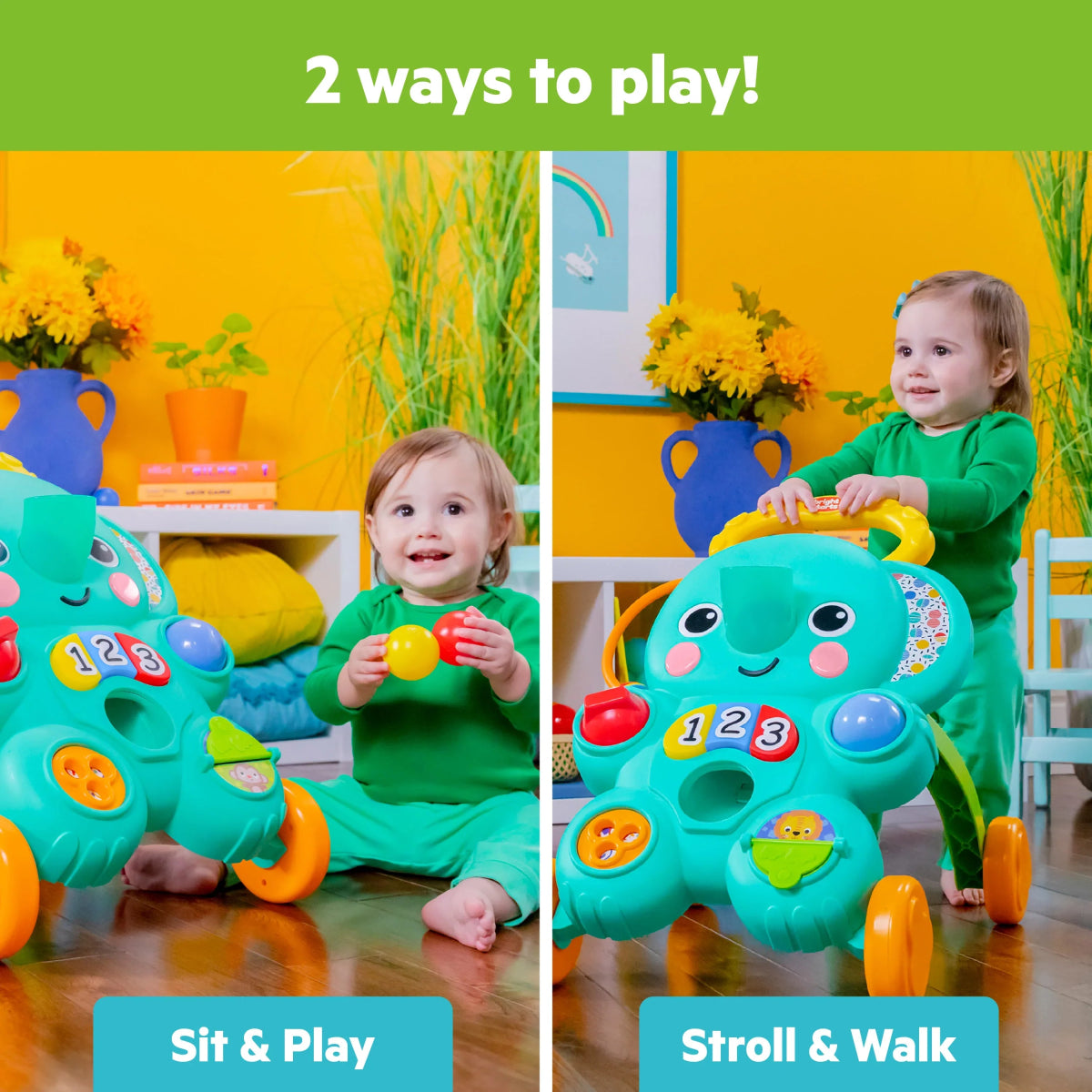 Child playing with turquoise elephant walker featuring number dial and ball slots