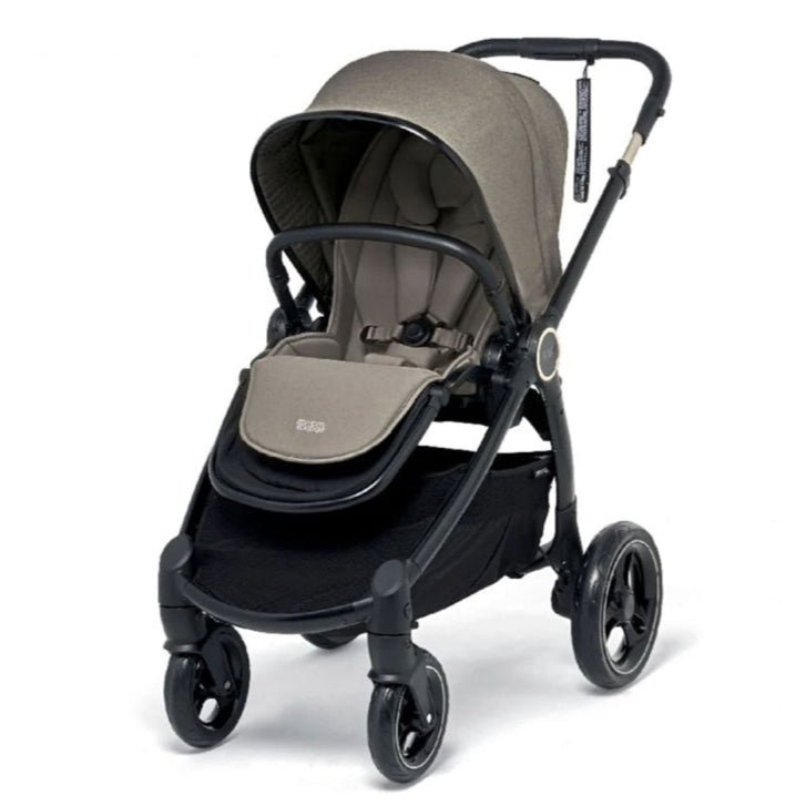 Ocarro stroller seat with gray canopy and padded insert, black frame and front wheels