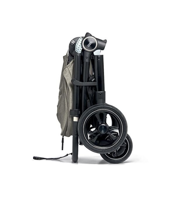 Ocarro stroller in upright folded view, gray canopy, black wheels and storage bag