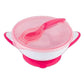 300ml suction bowl with spoon; white bowl, clear lid, pink spoon and magenta base