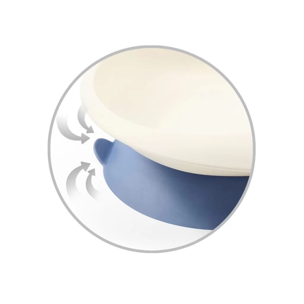 Suction baby bowl close-up with suction arrows and dark blue base