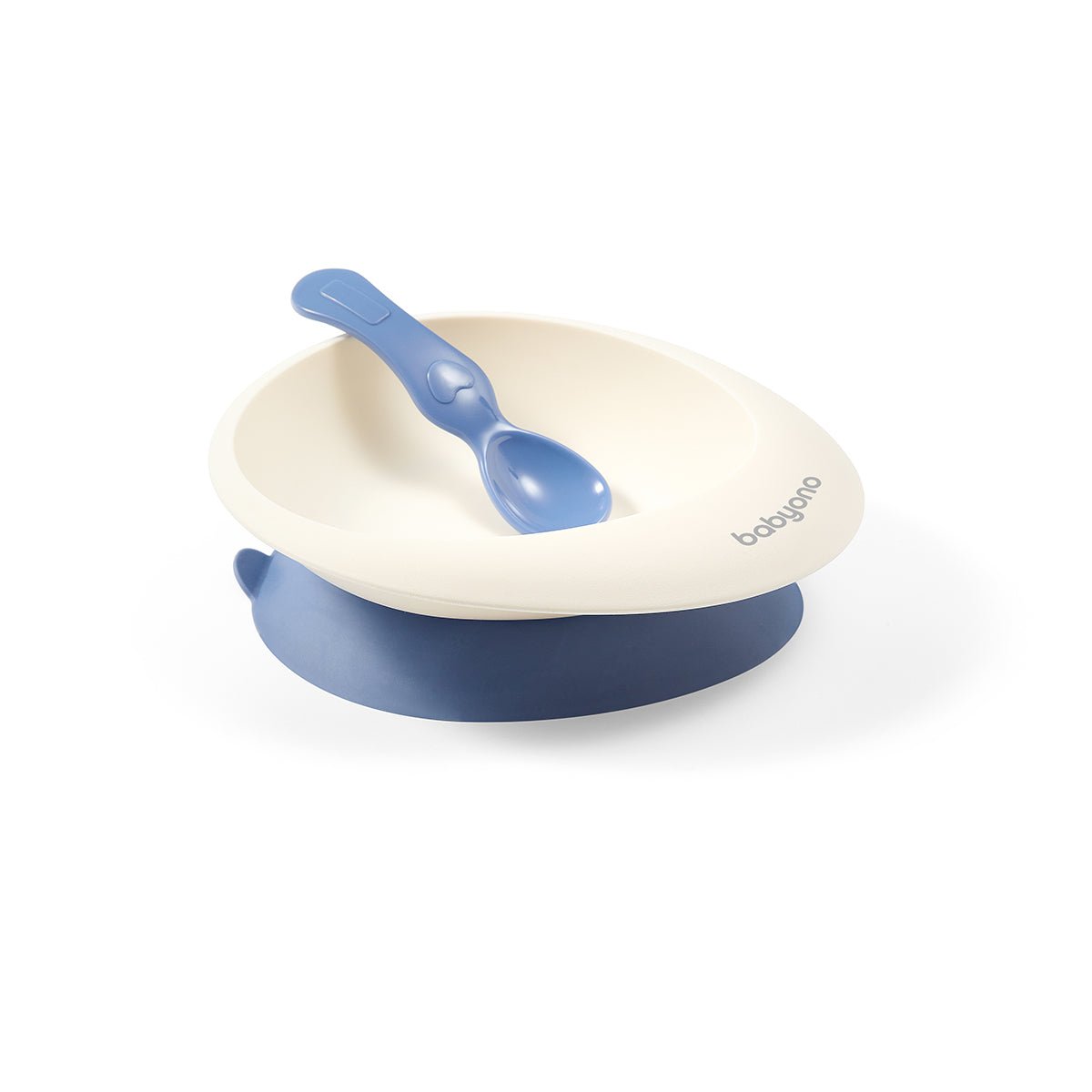 Suction baby bowl with spoon, cream bowl and dark blue base