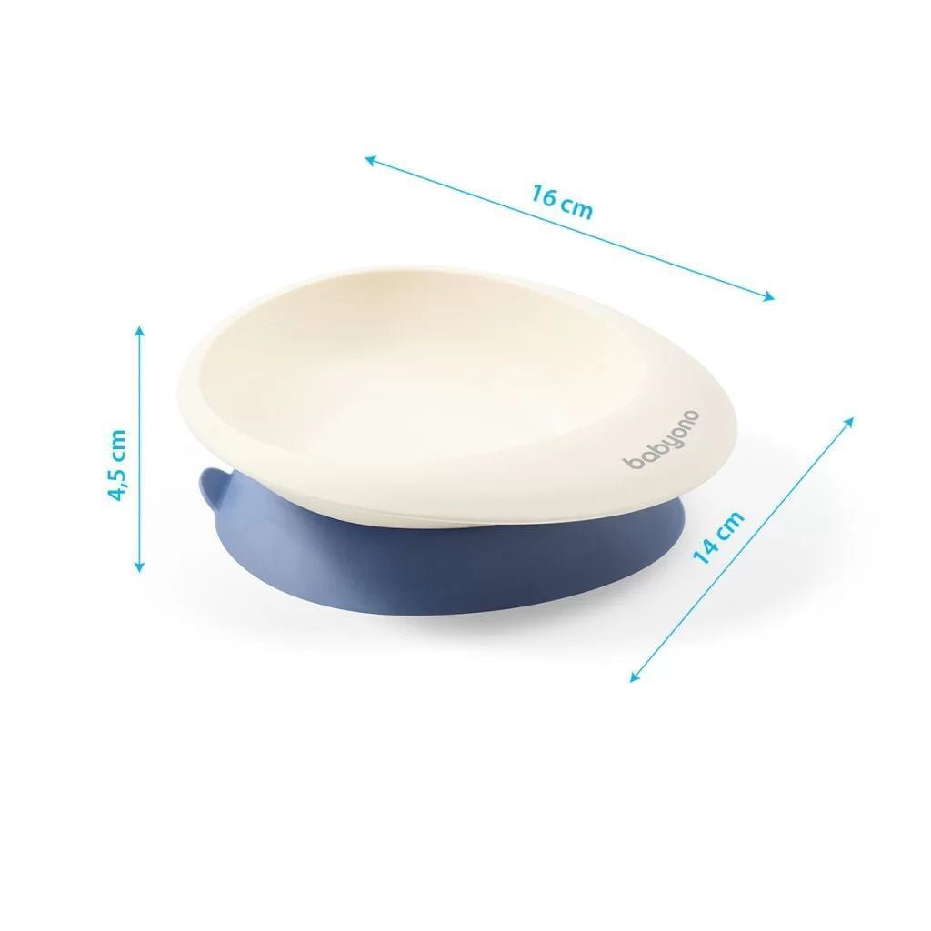 Suction baby bowl with dark blue base and cream rim