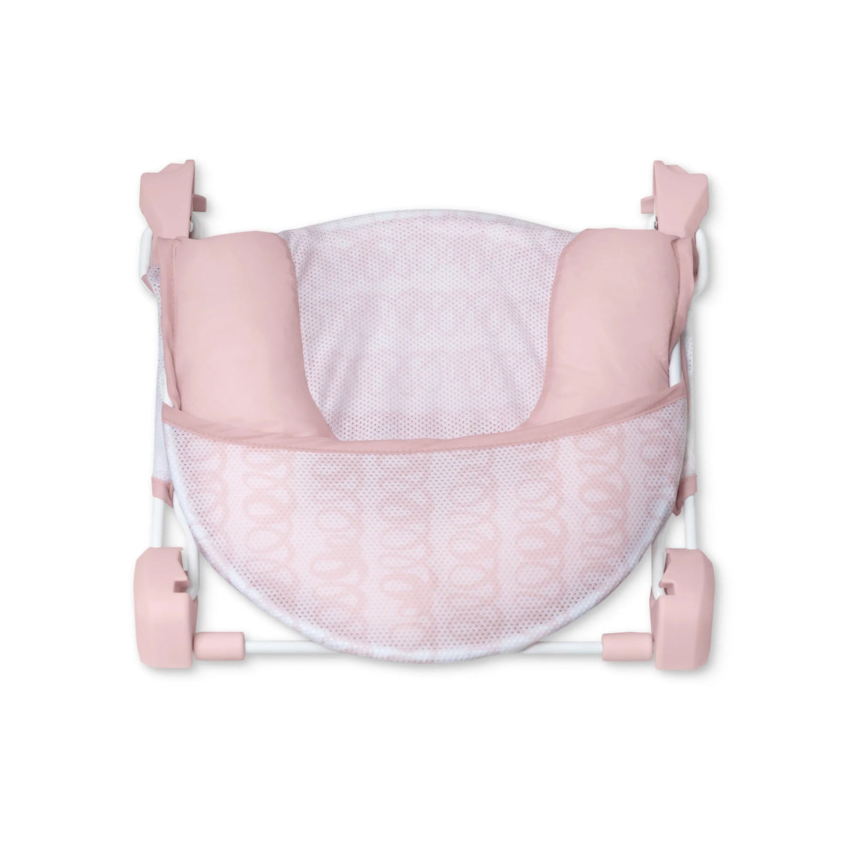 Foldaway baby bather insert, pink mesh sides and pale fabric cushion on frame