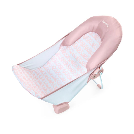 Foldaway baby bather with two-position stand, light blue and pink padded seat