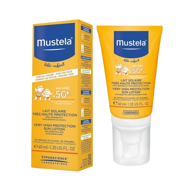 Mustela baby SPF50+ sun milk lotion tube and matching carton, 40 ml