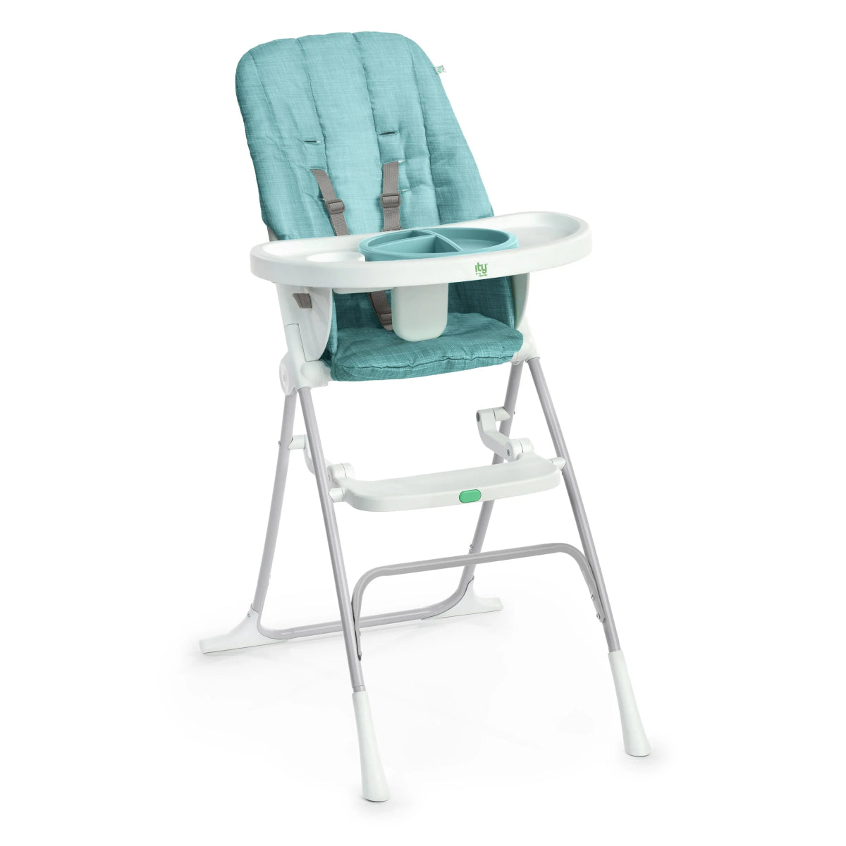 Teal compact folding high chair with white tray and padded seat.