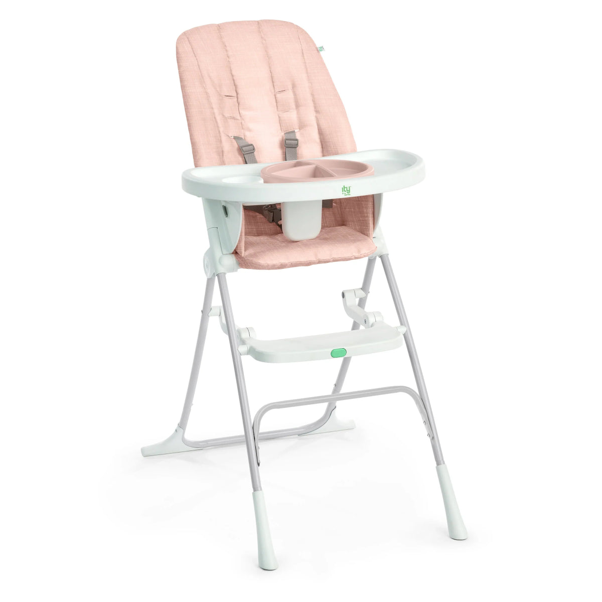 Light blush compact folding high chair with white tray and padded seat.