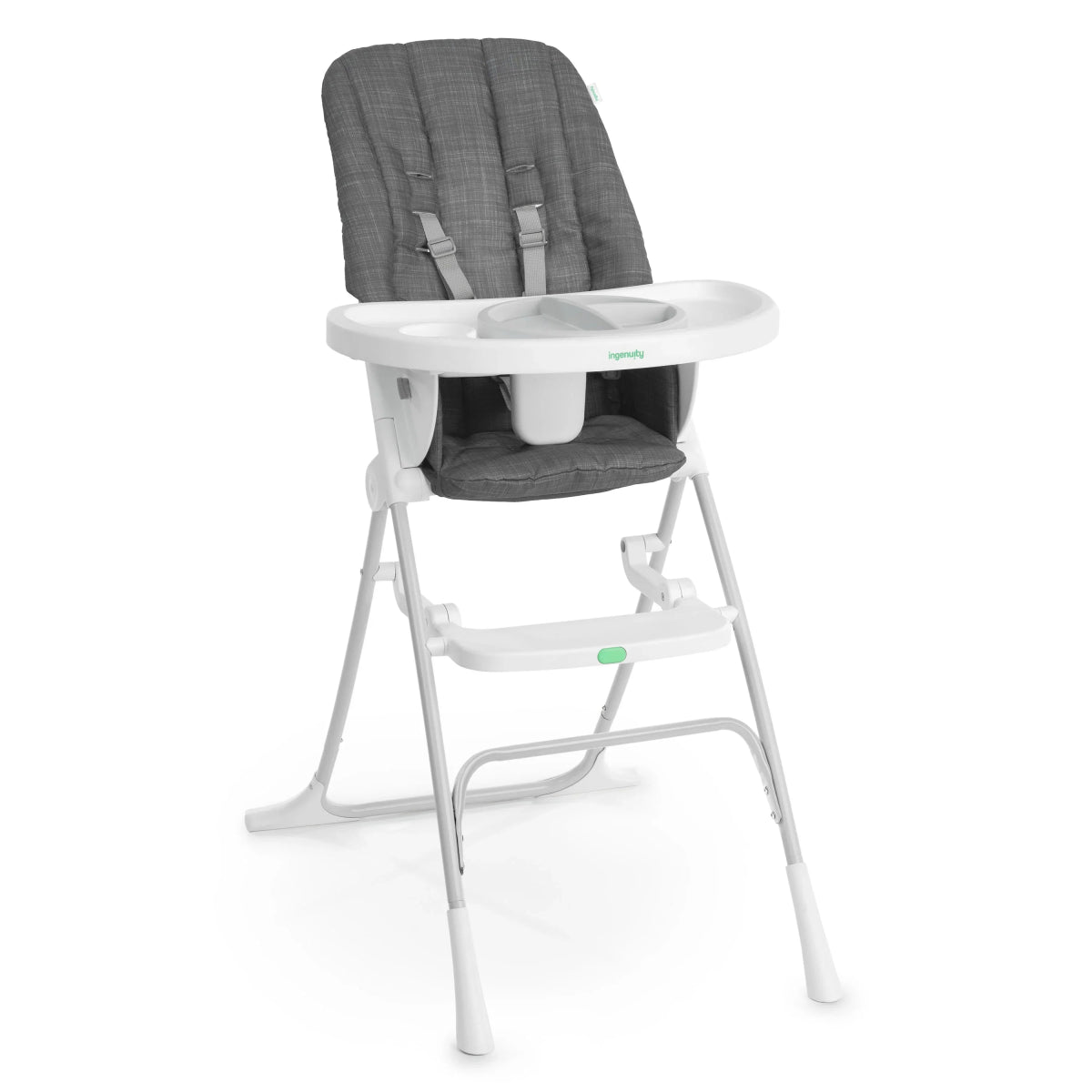 Gray compact folding high chair with white tray and padded seat.