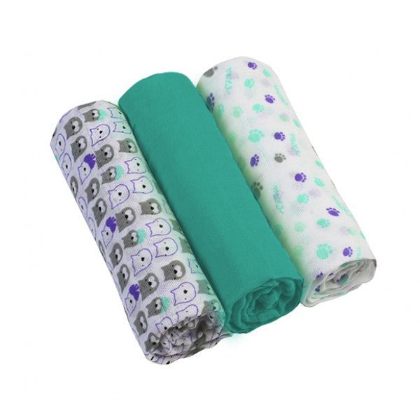 Set of muslin baby diapers with animal print, solid teal, and dotted animal designs