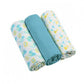 Set of muslin baby diapers featuring animal scenes, solid teal, and triangle pattern