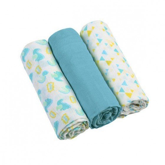Set of muslin baby diapers featuring animal scenes, solid teal, and triangle pattern