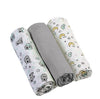 Set of muslin baby diapers, animal prints with a solid gray roll in the middle