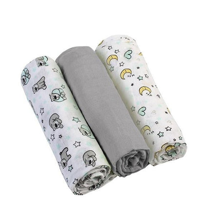 Set of muslin baby diapers, animal prints with a solid gray roll in the middle