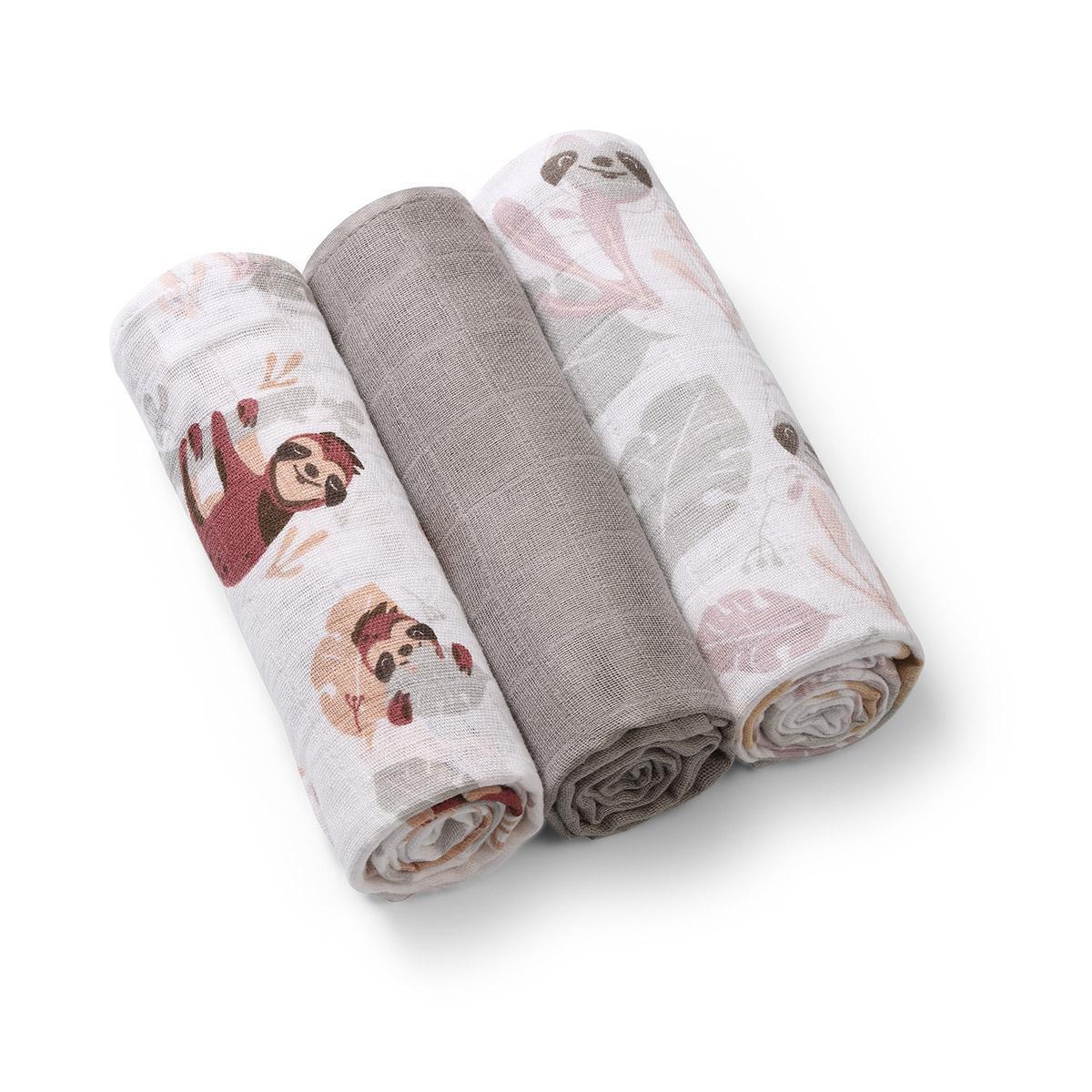 Set of muslin baby diapers with sloth print, solid gray, and pale animal pattern