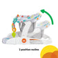 Reclined 3-in-1 baby seat with gray fabric cover and hanging sensory toys on tray