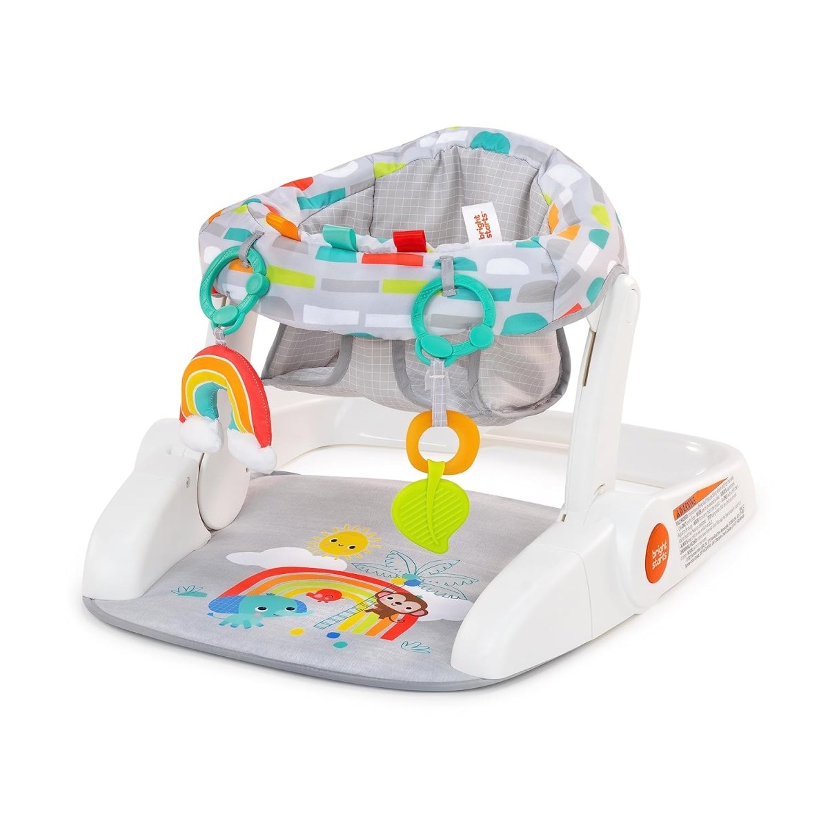 3-in-1 baby seat with gray cushion and colorful hanging toys on a white frame