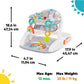 3-in-1 baby seat with gray pad and colorful arch toys, shown with size indicators