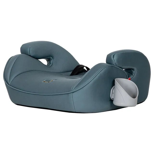 3-in-1 booster car seat in blue, side view with cup holder
