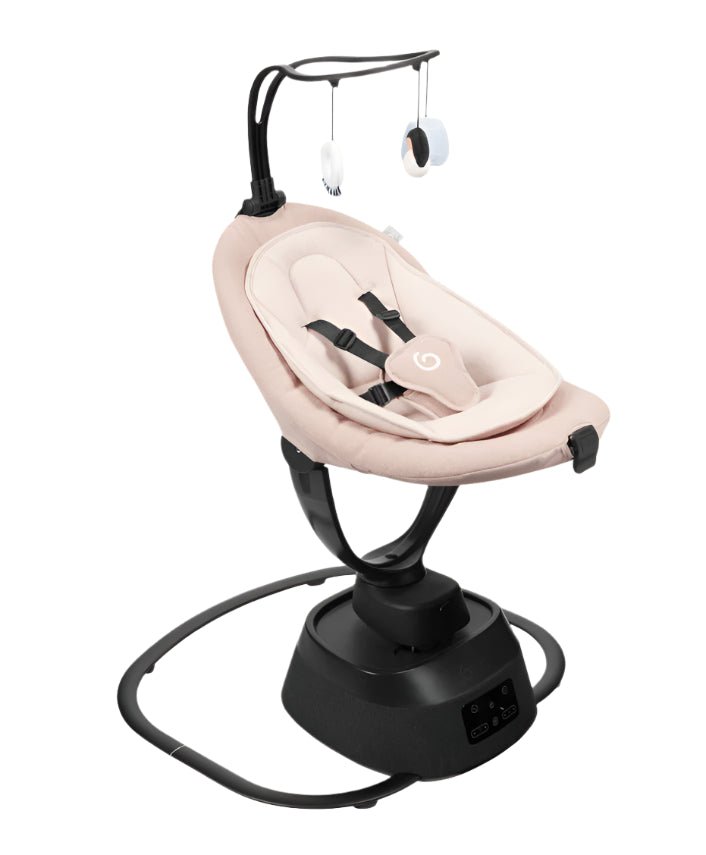 App-enabled baby bouncer with beige fabric seat and black base, harness straps
