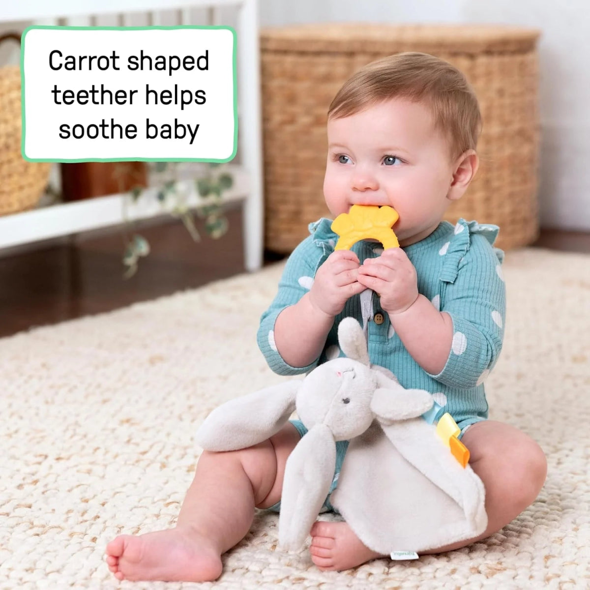 Plush bunny baby lovey with yellow teething ring and soft fabric ribbons