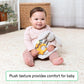 Plush bunny baby lovey with orange/yellow teething ring and dangling ribbon tabs