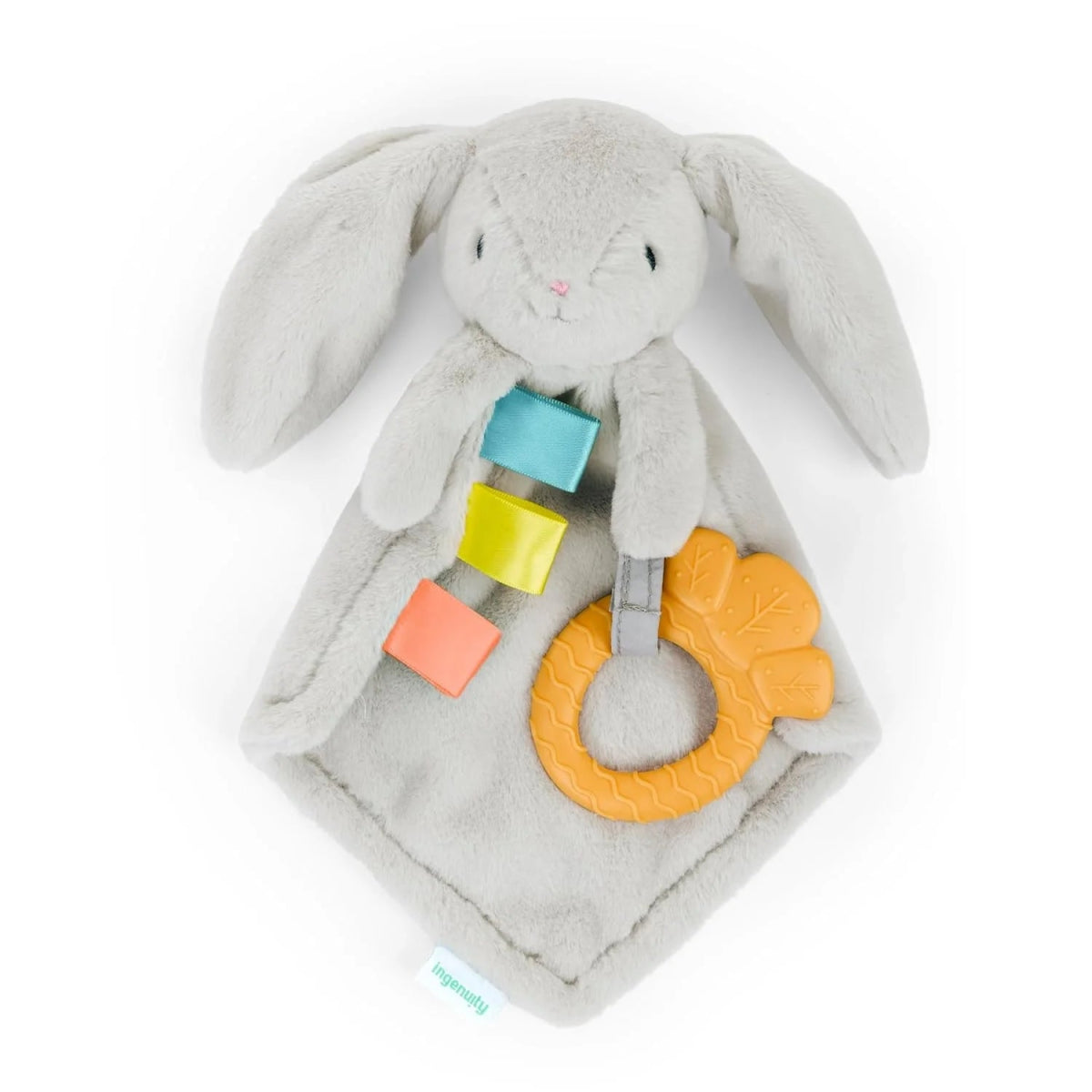 Plush bunny baby lovey with orange teething ring and color-block ribbon tags