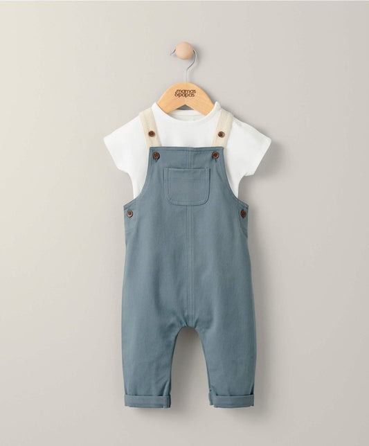 Kids t-shirt and denim dungarees outfit set, white tee with blue overalls