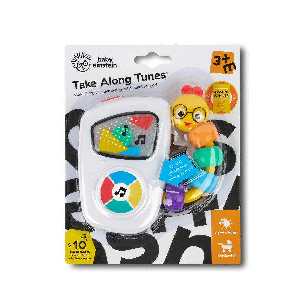 Musical toy with colorful sound buttons and smiling character on a handheld device