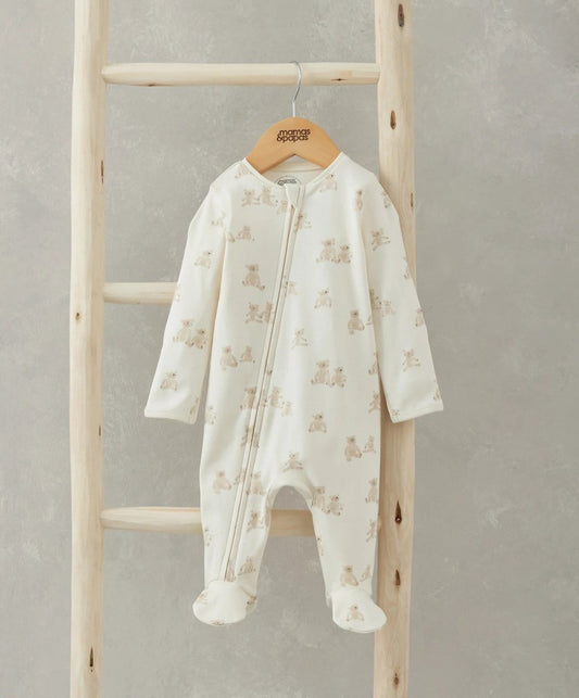 Cream teddy-print all-in-one footed romper with front zip and long sleeves