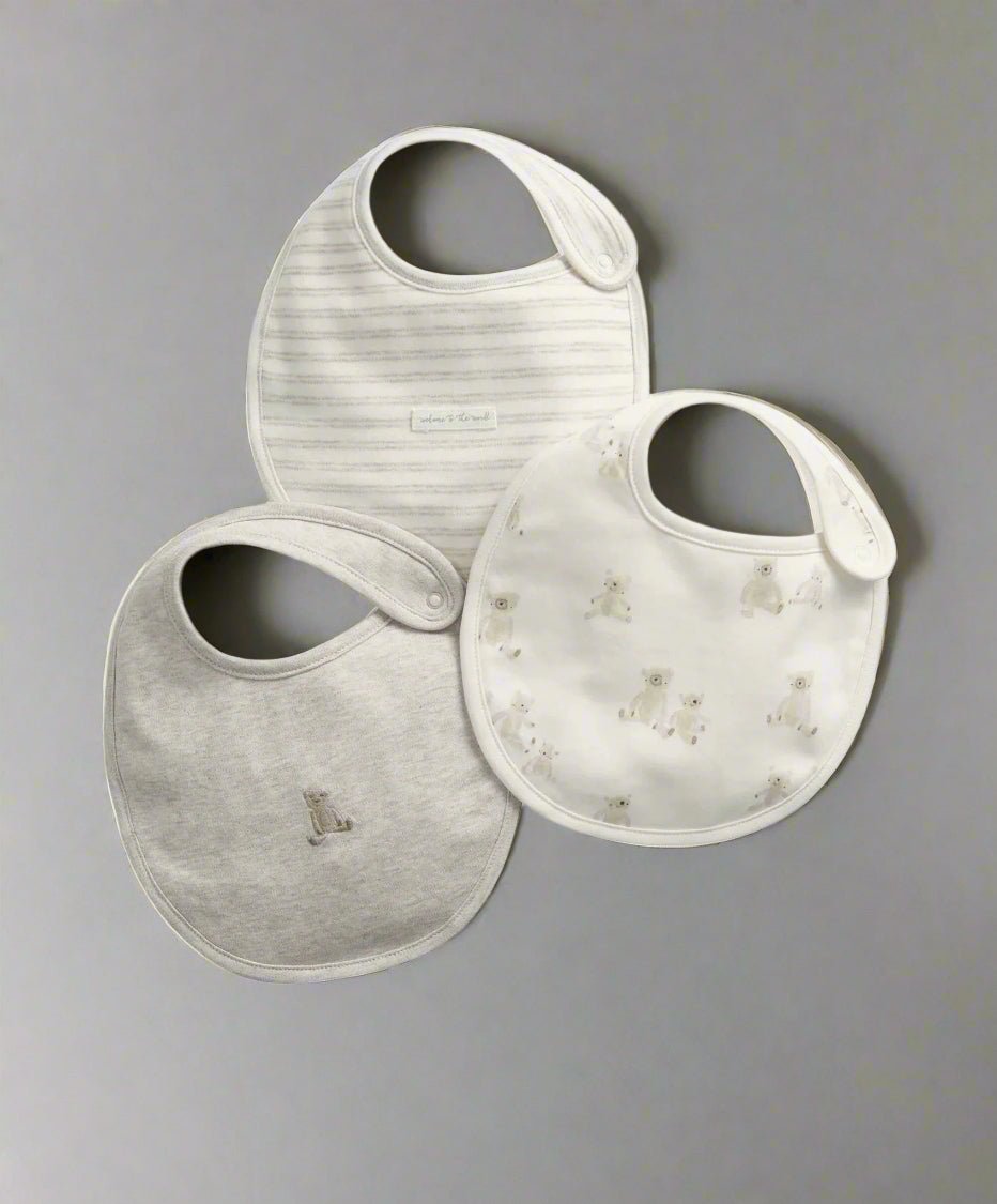 3-pack teddy bear bibs, white and light gray with small animal prints